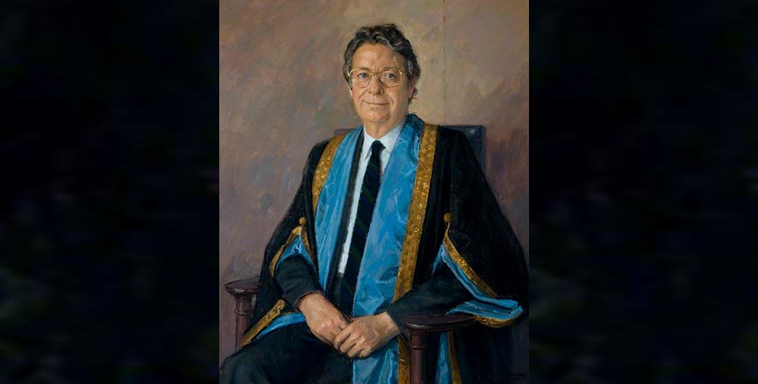 Official portrait of Sir Peter Froggatt in Vice-Chancellor's robes painted by Michael Noakes