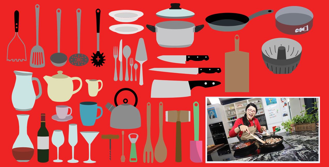 Kitchen utensils and (inset) Suzie Lee cooking