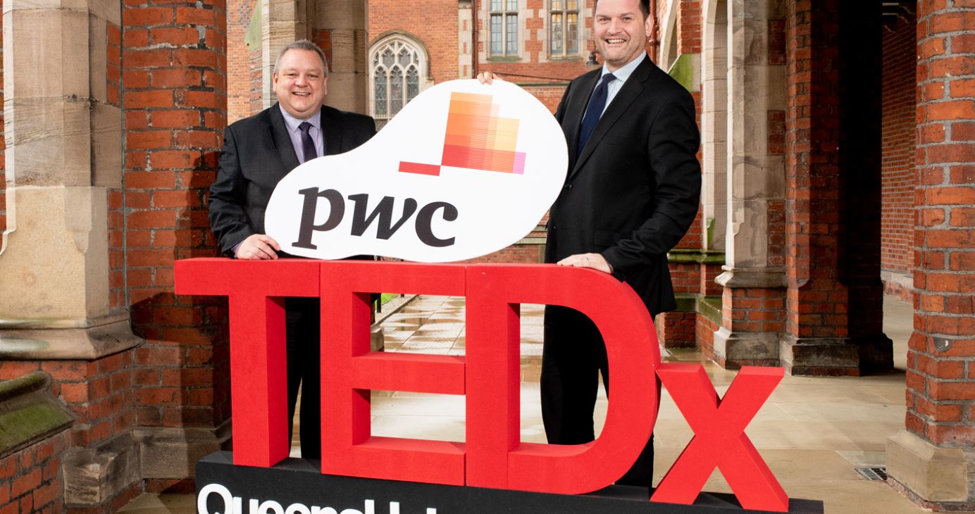 John Astley PwC (pictured left) with Alistair Stewart, Head of Public Engagement TEDx logo in cloisters