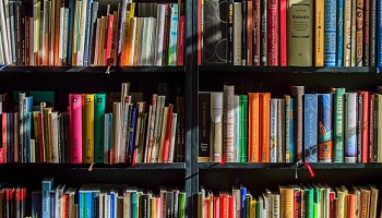 Three rows of books on a shelf