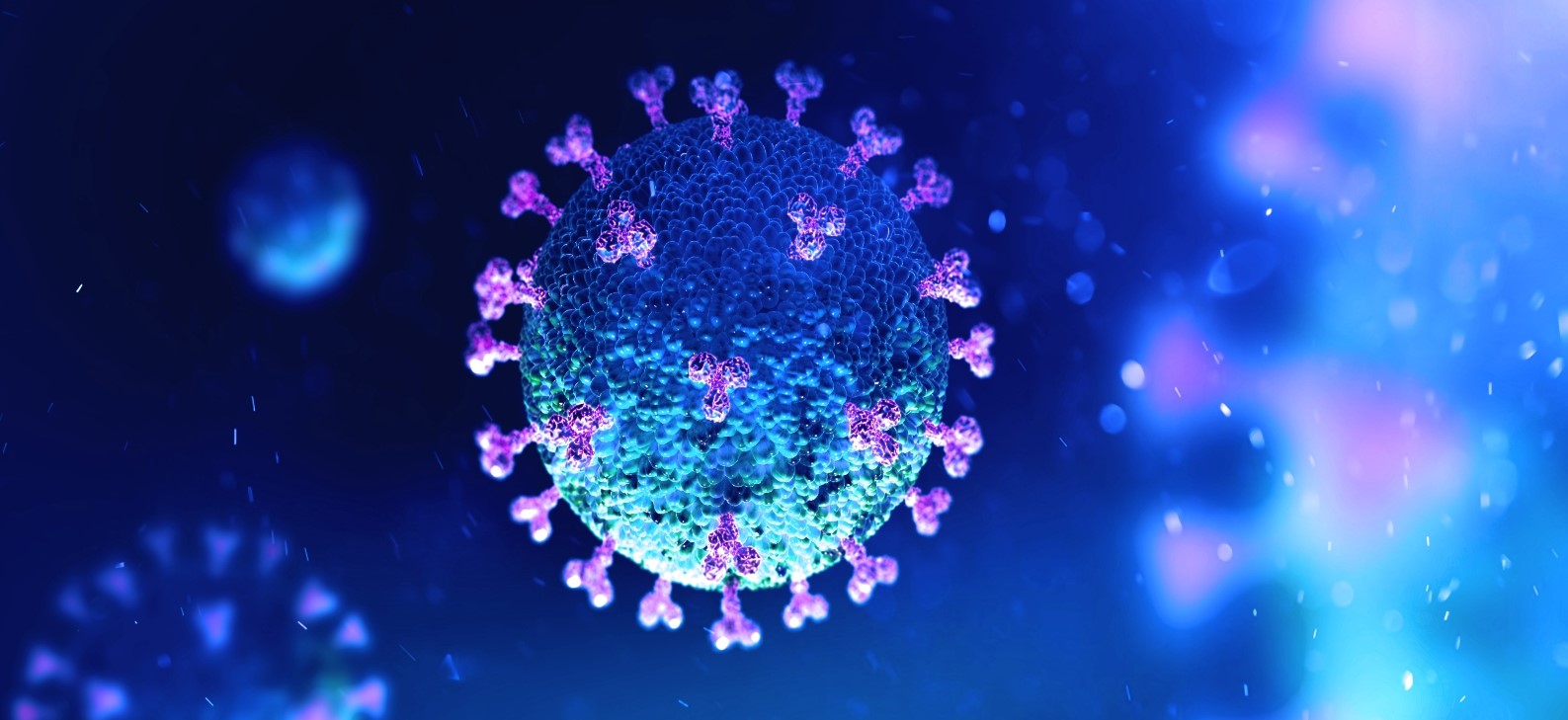 Virus depicted in turquoise and light blue against dark blue background