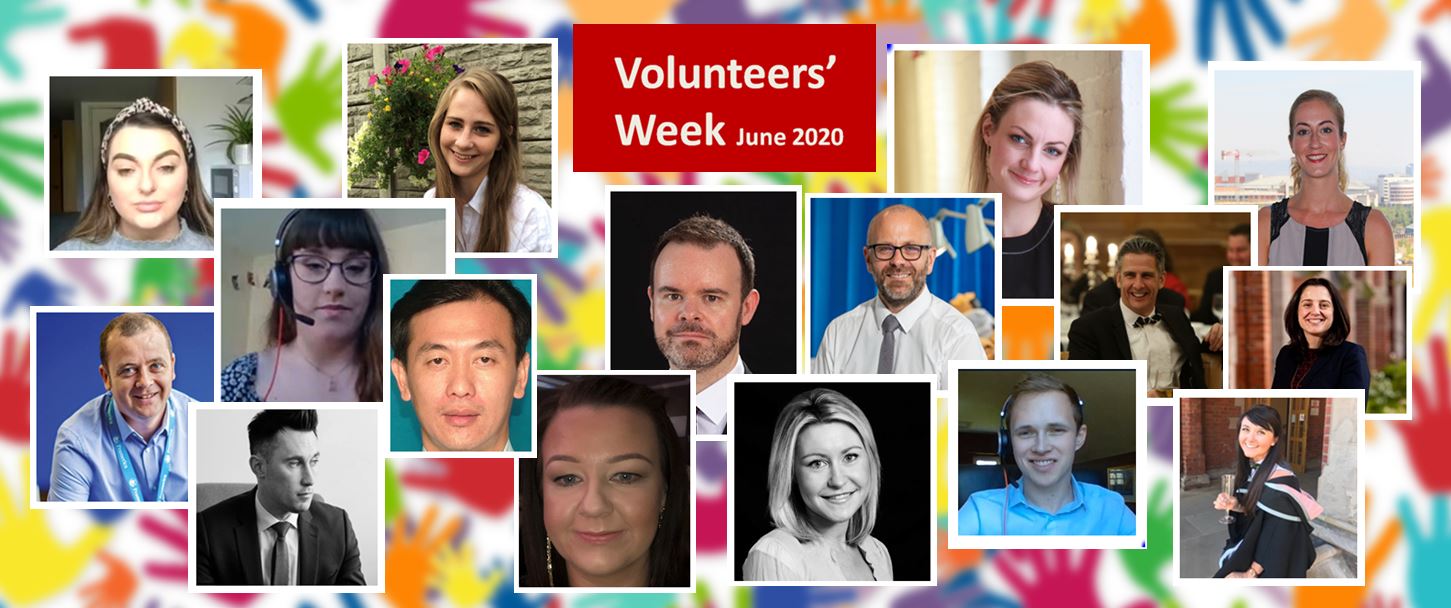 Volunteers Week 2020 - collage of graduate volunteers against background of hands in different colours