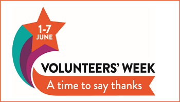 Volunteers' Week logo gold star with swooshing tail in green, purple and organge