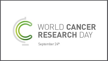 Stylised C in green, inside stylised microscope - World Cancer research Day logo