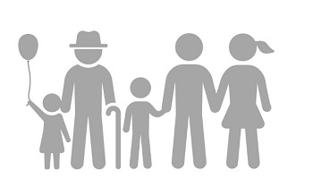Silhouettes of five family members, two children, man and woman and elderly man with stick