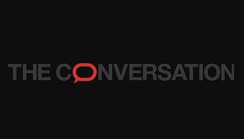 The Conversation logo - grey writing on black, with red stylized O
