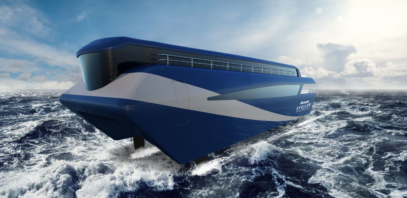 Futuristic Artemis eFoiler ferry cutting through waves