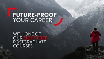 Person in red jacket viewing glacial mountains with wording Future-proof your career and With one of our eight free postgraduate courses written to left of picture