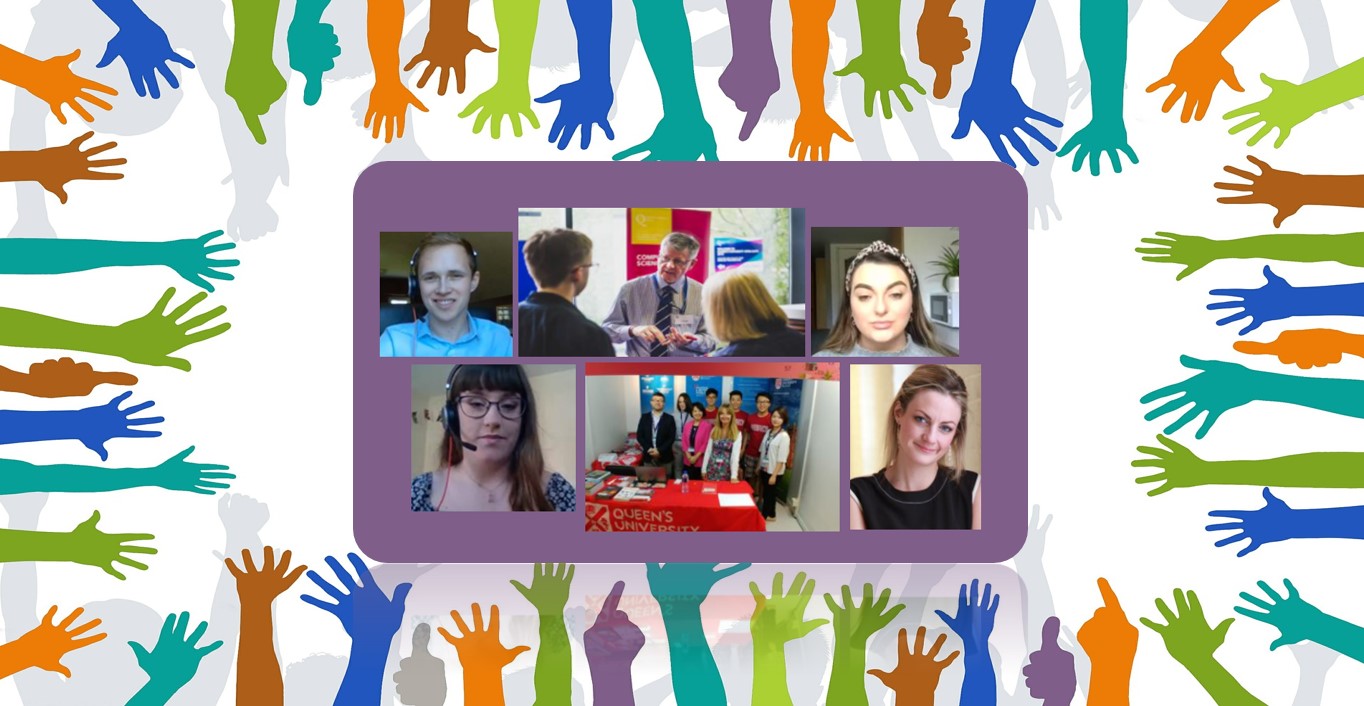 Hands coloured purple, green, blue and orange surrounding image of recruitment volunteers